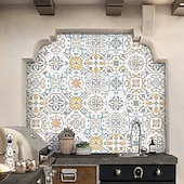 baratos Adesivos de Parede-Adesivos de azulejo estilo marroquino 24 peças, decalques de parede de PVC com película de cristal espessada, à prova d&#039;água &amp;Decoração de parede de azulejo retrô removível e à prova de óleo para