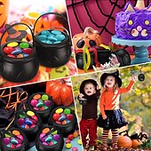 cheap Figurines &amp; Ornaments-Halloween Cauldrons Serving Bowl Decor, Set of 3/6/9 Hanging Black Plastic Cauldron Bowls with Iron Rack, Large and Mini Cauldrons Candy Bucket Punch Bowls for Table Witch Hocus Pocus Party