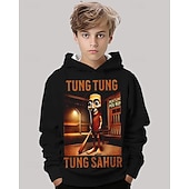 tanie 3D sporty i gry dla chłopców-Chłopięca bluza z kapturem z nadrukiem 3D i kreskówkową grafiką Tung Tung, długi rękaw, wiosna, jesień, moda uliczna, dzieci 4-12 lat, z kapturem, na zewnątrz, na co dzień, regularny krój