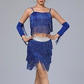 cheap Latin Dancewear-Latin Dance Skirts Tassel Pure Color Splicing Women&#039;s Performance Training Sleeveless High Polyester