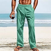 cheap Holiday-Men&#039;s Linen Pants Trousers Summer Pants Beach Pants Pocket Elastic Waist Drawstring Plain Comfort Breathable Vacation Daily Holiday Hawaiian Boho White Dark Red