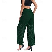 abordables jambe large et taille haute-Femmes Jambe large Slacks Streetwear Occasionnel Longueur complète Naturel Uni Dentelle Patchwork Taille Élastique Confortable Fête Sortir Vert translucide Noir Blanche Bleu de minuit Automne Coupe