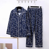 billige Pyjamas-Herre Nattøy Pyjamas Sett Pyjamas topp og bukse 1set Bokstaver Geometrisk Mote Stilfull Klassisk Hjem Daglig Seng Polyester Komfort Myk Pustende Knaphul Langermet Skjorte Bukse Elastisk midje Knapper