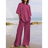 abordables Conjuntos-Conjuntos de pantalones de lino para mujer, 15% lino, básicos, color liso, bolsillo, cintura elástica, camiseta, pantalón, uso diario, calle, manga larga, cuello redondo, azul, negro, blanco, azul marino, marrón claro, verano, primavera