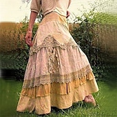 billiga Enkla kjolar-Dam Kjol Gunga Mode Ledigt Maxi Hög midja Kjolar Färgblock Spets Lappverk Ledigt / vardag Helgen Gul Rosa Blå Grå Vår Polyester