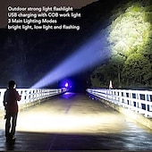 abordables Lampes de travail-Lampe de poche tactique rechargeable, lampes de poche puissantes à haute luminosité avec 7 modes d&#039;éclairage, feu latéral d&#039;avertissement COB, étanchéité IPX6, faisceau zoomable, lampe de poche