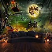 halpa halloween seinävaatteita-Halloween-kummitustalon seinävaate – Luuranko ja hohtava Jack-o&#039;-lantern-portaikkokohtaus pelottava yötaivas goottilainen tausta 2025 Halloween-olohuoneeseen makuuhuoneeseen juhlakoristeeksi