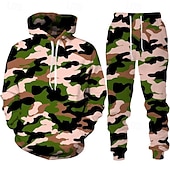 preiswerte einfache Trainingsanzüge-Herren Trainingsanzug Outfit-Set Kapuzenpullover Set Kapuzenpullover Outdoor Täglich Sport Tasche Kordelzug Tarnung Marineblau Dunkelgrün Grün Grafikdruck Polyester Sportkleidung Mode Streetwear