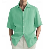 preiswerte Herrenhemd zum Knöpfen-Herren Hemd Sommerhemd Freizeithemd Strandhemd Knopfhemd Schwarz Weiß Hellgrün Rosa Wein Kurzarm Einfach Revers Urlaub Hawaiianisch Bekleidung 100% Baumwolle Mode Lässig Bequem