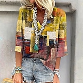 abordables Hauts Floraux-Femmes T-shirt Hauts d&#039;été Dégradé de couleur Mode Moderne Manche 3/4 Col en V Hauts Réguliers Quotidien Imprimé Jaune Rose Claire Bleu Été