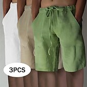 cheap Classic-Men&#039;s Shorts Linen Shorts Summer Shorts Beach Shorts Elastic Waist Drawstring Front Pocket Plain Comfort Soft Knee Length Casual Daily Vacation Fashion White+Black+Gray black+khaki+blue Inelastic