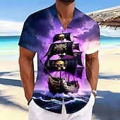 levne Halloween trička-Halloween Pánské Oceán Plachetnice Lebky Košile Letní košile Košile na knoflíky Krátký rukáv Vintage Retro Tmavá Dovolená Streetwear Léto Jaro Přehnutý 3D tisk košile s límečkem Fialová