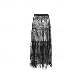 abordables Jupes unies-Femmes Jupe Trapèze Évasé Élégant ancien Sexy Longue Maxi Taille Moyenne Jupes Dentelle A Volants Patchwork Non Elastique École Performance Noir Printemps, Automne, Hiver, Été Nylon