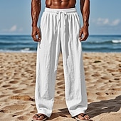 cheap Holiday-Men&#039;s Linen Pants Trousers Summer Pants Baggy Pants Beach Pants Elastic Waist Drawstring Straight Leg Plain Comfort Breathable Full Length Casual Daily Holiday Vacation Fashion White Pink Inelastic