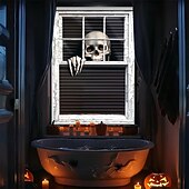 cheap Door Covers-Halloween Window Curtain Skeleton Peeking Through Blinds, Scary Door Cover, Window cover,  Wall Tapestry for 2025 Halloween Spooky Home Decoration
