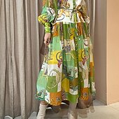 economico Abiti boho-Per donna Abito Midi Abito Camicia Vestito a ruota Abito Stampato Moda Classico Moderno All&#039;aperto Ferie Uscire Vestibilità regolare Fiore Manica Lunga Colletto a Camicia Verde Autunno