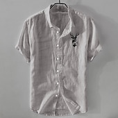 baratos Casual de negócios-Homens Camisa de linho Camisa casual Camisa de algodão e linho camisa de botão Animal Modelado Férias Roupa Diária Branco Azul Marinho Escuro Azul Céu cáqui Manga Curta Lapela Todas as Estações Roupa