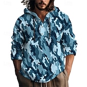 economico Camicie Popover da Uomo-Per uomo Camicia Camicia popover Camicia Estiva Camicia casual Camicia da Spiaggia Blu reale Blu Verde militare Manica Lunga Mimetico Con Cappuccio Vacanza Ferie Coulisse Abbigliamento Poliestere