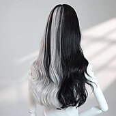 economico Parrucche da festa-Parrucca ondulata nera e grigia da 24 pollici per donna: capelli bicolore alla moda con frangia, perfetta per costumi di Halloween e moda quotidiana