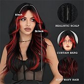 abordables Perruques de fête-Perruque synthétique longue ondulée à reflets noirs et rouges avec frange rideau de 26 pouces, résistante à la chaleur et aux racines foncées, pour femme, idéale pour Halloween, cosplay ou fête.