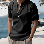 economico Vacanza-Per uomo Camicia Camicia di lino Camicia popover Camicia casual Camicia di cotone Semplice Vacanza Streetwear Nero Bianco Cachi Azzurro Manica Corta Colletto alla coreana Estate Abbigliamento