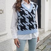 halpa Neuleliivi-Naisten Neulepusero Pusero Vapaa-aika Yhtenäinen väri Houndstooth-kuvio Paksu V kaula-aukko Kudottu Hihaton Tavalliset topit Neuloa Päivittäin Pyhäpäivä Bile Musta Sininen Syksy Talvi