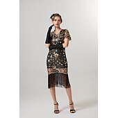 preiswerte Kleider-Retro Vintage Goldene Zwanziger 1920er Midlänge Flapper Kleid Cocktailkleid Der große Gatsby Flapper-Mädchen Pailletten Fransen V Ausschnitt Damen Weihnachten Halloween Karneval Hochzeit