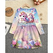 preiswerte 3D-Cartoon-Kommode-Mädchen&#039; 3D Einhorn Kleid Langarm Sommer Frühling Urlaub Täglich Ferien Prinzessin Schön Süß Kinder 4-12 Jahre Freizeitkleid A Linie Kleid Knielang Normale Passform
