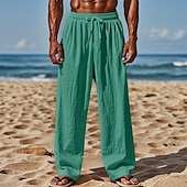 cheap Holiday-Men&#039;s Linen Pants Trousers Summer Pants Baggy Pants Beach Pants Elastic Waist Drawstring Straight Leg Plain Comfort Breathable Full Length Casual Daily Holiday Vacation Fashion White Pink Inelastic