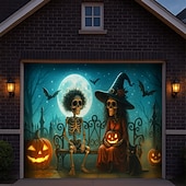 cheap Halloween Garage Door Cover-Halloween Garage Door Cover Dancing Skeletons and Pumpkins Banner, Large Tapestry Backdrop Decoration for Holiday Outdoor Garage Door and Home Wall, 2025 Halloween Decorations