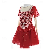 preiswerte Eiskunstlaufkleider-Eiskunstlaufkleid Damen Mädchen Eislaufen Kleid Rot Patchwork Daumenloch Netzstoff Spandex Dehnbar Training Übung Professionell Eiskunstlaufkleidung Thermowarm Kristall / Strass Langarm Eislaufen