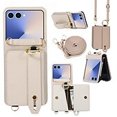 economico Cover Samsung-telefono Custodia Per Samsung Galaxy Z Flip 7 Z Flip 6 Z Flip 5 Z Flip 4 Copertura Posteriore con Cordino Cavalletto Slot per Carte Retrò TPU Pelle PU