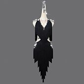 abordables Tenues de danse latine-Robe de danse latine à strass et pompons pour femmes, tenue de scène sans manches pour salsa et rumba