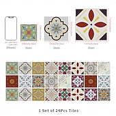 abordables Pegatinas de pared-24 pegatinas de azulejos de estilo marroquí, calcomanías de pared de PVC con película de cristal engrosada, impermeables &amp;Decoración de pared de azulejos retro extraíbles y a prueba de aceite para