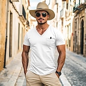 abordables Camisetas de Algodón y Lino-Hombre Camiseta Camisas que absorben la humedad Manga Corta Escote en Pico Verano Primavera Plano Retro Básico Casual Escote en V Cosecha Calle Casual Negro Blanco Azul Piscina Camiseta superior para