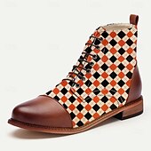 baratos Calçados de Declaração-Botas masculinas de tecido jacquard xadrez com cadarço – botins estilo vintage retrô para looks criativos, festas e uso diário