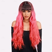 economico Parrucche da festa-parrucca lunga castana e bionda per donna – frangia piena, ricci grandi e ondulati, parrucca sintetica alla moda, perfetta per look alla moda e stile quotidiano