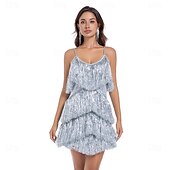 preiswerte Kleider-Retro Vintage Goldene Zwanziger 1920er Mini Flapper Kleid Der große Gatsby Flapper-Mädchen Pailletten Fransen V Ausschnitt Damen Weihnachten Halloween Karneval Hochzeit Abendgesellschaft Maskerade