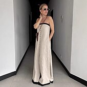 abordables concevoir des robes en coton et lin-Robe longue en lin et coton pour femme, robe d&#039;été, robe trapèze, robe à épaules dénudées, vacances, anniversaire, décontractée, fête, plage, coupe standard, couleur unie, graphique, sans manches,