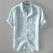 billiga Business Casual-Herr Skjorta Linneskjorta Casual skjorta Bomullskjorta Slät Semester Gata Vit Himmelsblå Kaki Mörkblå Kortärmad Nedvikt Sommar Kläder Button-Down