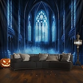 preiswerte Halloween-Wandteppiche-Halloween hängender Wandteppich Schlossfensteransicht Fotografien Hintergrund Jack O Lantern Wandkunst großes Wandteppich Wandbild Dekovorhang Zuhause Schlafzimmer Wohnzimmer Dekoration Tod Selfie