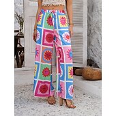 abordables jambe large et taille haute-Femmes Jambe large Chinos Vacances ancien Mode Longueur complète Taille haute Fleuri Ceinture Élastique Impression Confortable Doux Micro-Élastique Extérieur Vacances Rue Blanche Jaune Rose Claire