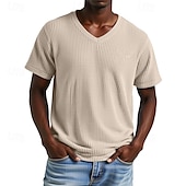 preiswerte T-Shirt mit Waffelstrick-Herren Waffel-T-Shirt T Shirt T-Shirt Kurzarmshirt Kurzarm V Ausschnitt Sommer Einfach Mode Designer Basic Jacquard Urlaub Straße Ausgehen Aprikose Schwarz Purpur Top T-Shirt für Herren