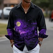 Halloween Men's Spooky Moon Cemetery Moonlight Shirt Button Up Shirt Casual Dress Shirt Long Sleeve Dark Gothic Style Holiday Streetwear Summer Spring Turndown 3D Print Collared Shirts Black 6