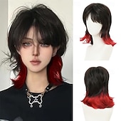 Недорогие Парики для вечеринок-Черный красный парик кефаль для женщин длиной до плеч, многослойный лохматый парик с челкой, синтетические полные парики для косплея, ежедневного использования на вечеринках