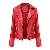 cheap Faux Leather Jackets-Women&#039;s Faux Leather Jacket Comfortable Full Zip Fashion Street Style Plain Outdoor Casual Daily Regular Turndown Regular Fit Long Sleeve Outerwear Black Red Green Spring Fall