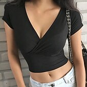 ieftine Topuri simple pentru femei-Pentru femei Bluză texturată Tricou Simplu Modă Modern Manșon scurt În V Topuri obișnuite Zilnic Negru Alb Gri Vară