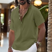 abordables Vacaciones-Hombre Camisa Camisa de lino Camisa con cuello mao Camisa de manga corta Camisa de verano Ropa de playa Plano Vacaciones Casual Negro Blanco Amarillo Rosa Manga Corta Henley Verano Ropa