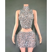 abordables Déguisements pour femmes-Mini-robe à col haut ornée de strass en deux pièces pour chanteuse, danseuse, tenue de scène, de fête, de carnaval
