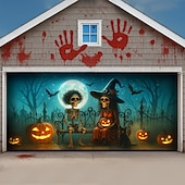 cheap Halloween Garage Door Cover-Halloween Garage Door Cover Dancing Skeletons and Pumpkins Banner, Large Tapestry Backdrop Decoration for Holiday Outdoor Garage Door and Home Wall, 2025 Halloween Decorations